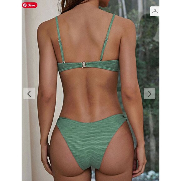Army Green 2-Piece Bikini Set- Tie Knot Front, Cheeky Bottoms, Textured-- XL- - Picture 2 of 5